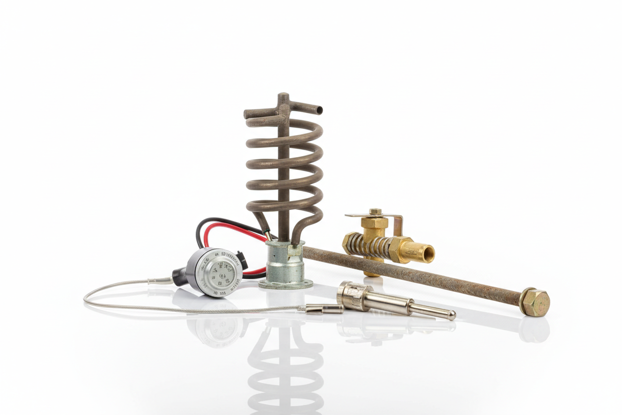 Hot water system spare parts including heating elements, thermostats and valves for electric hot water system repairs – appliance spare parts Australia