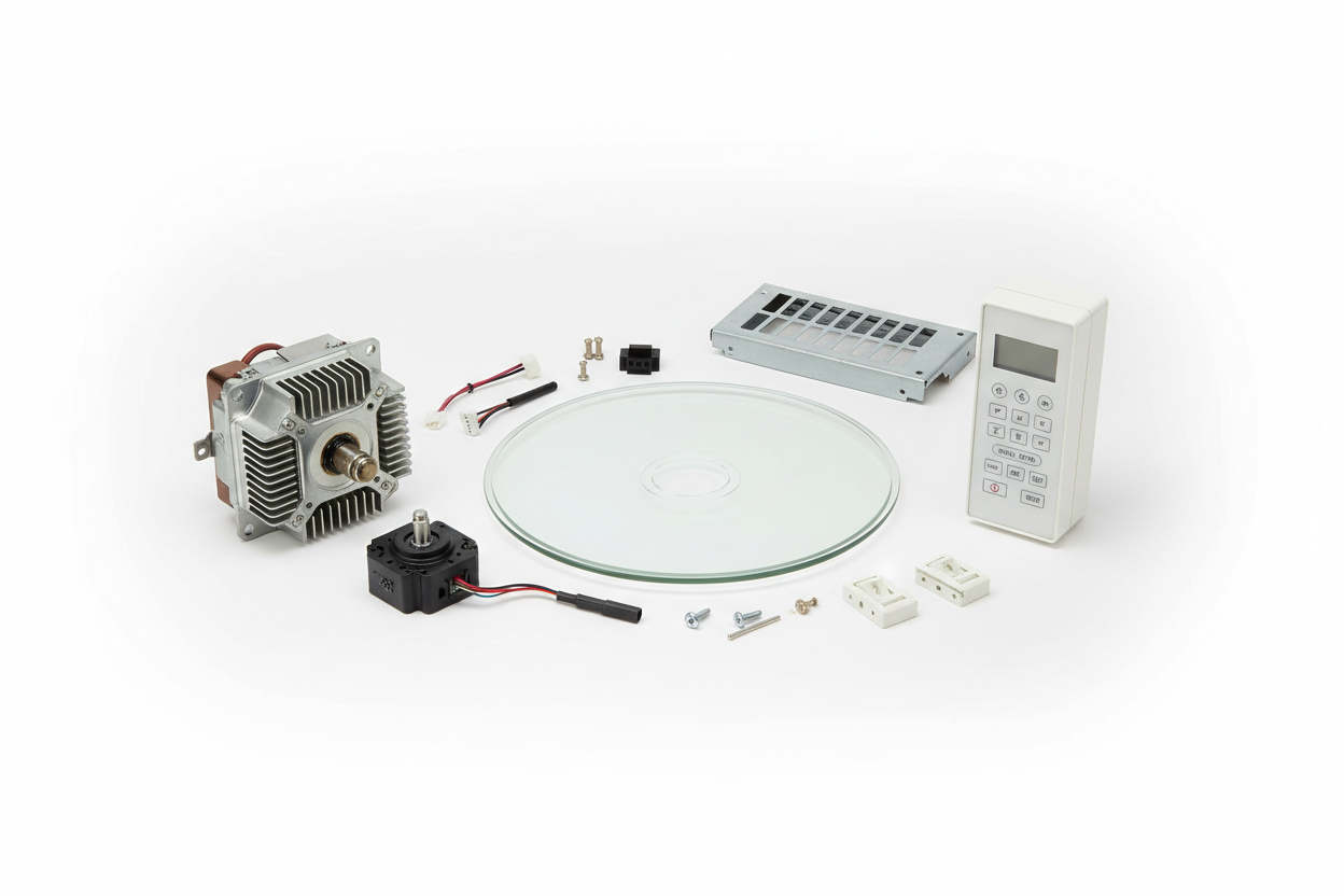 Microwave oven spare parts including turntable motors, door switches, glass trays and magnetrons for microwave repair – appliance spare parts Australia
