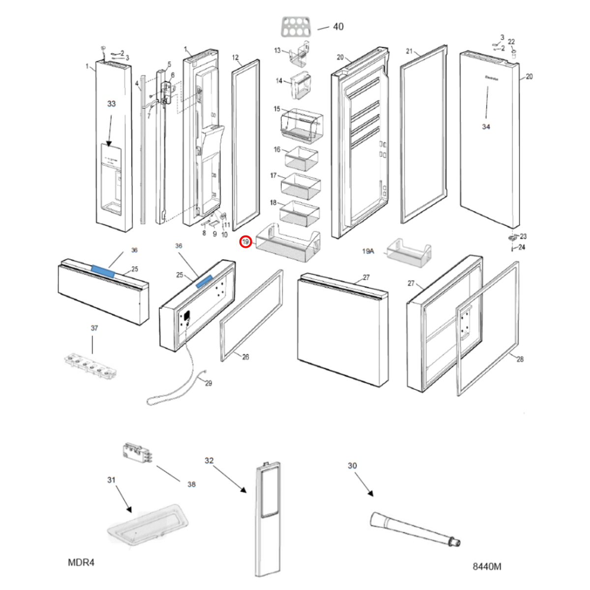 Parts diagram showing 140073434015 for Electrolux fridge models