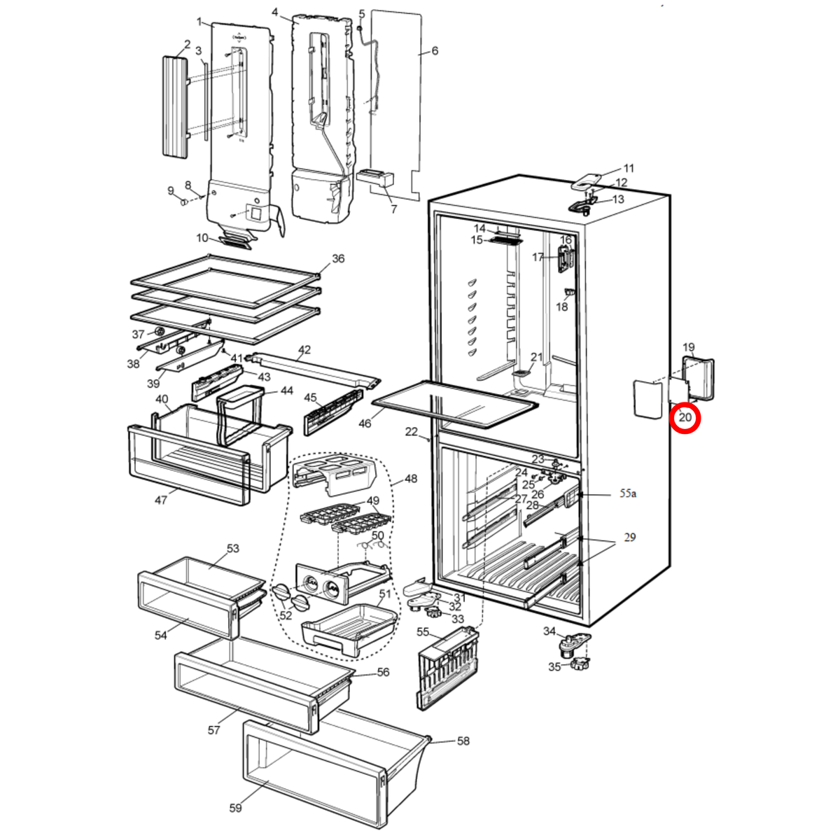 Parts diagram showing 140010289118 for Westinghouse fridge models
