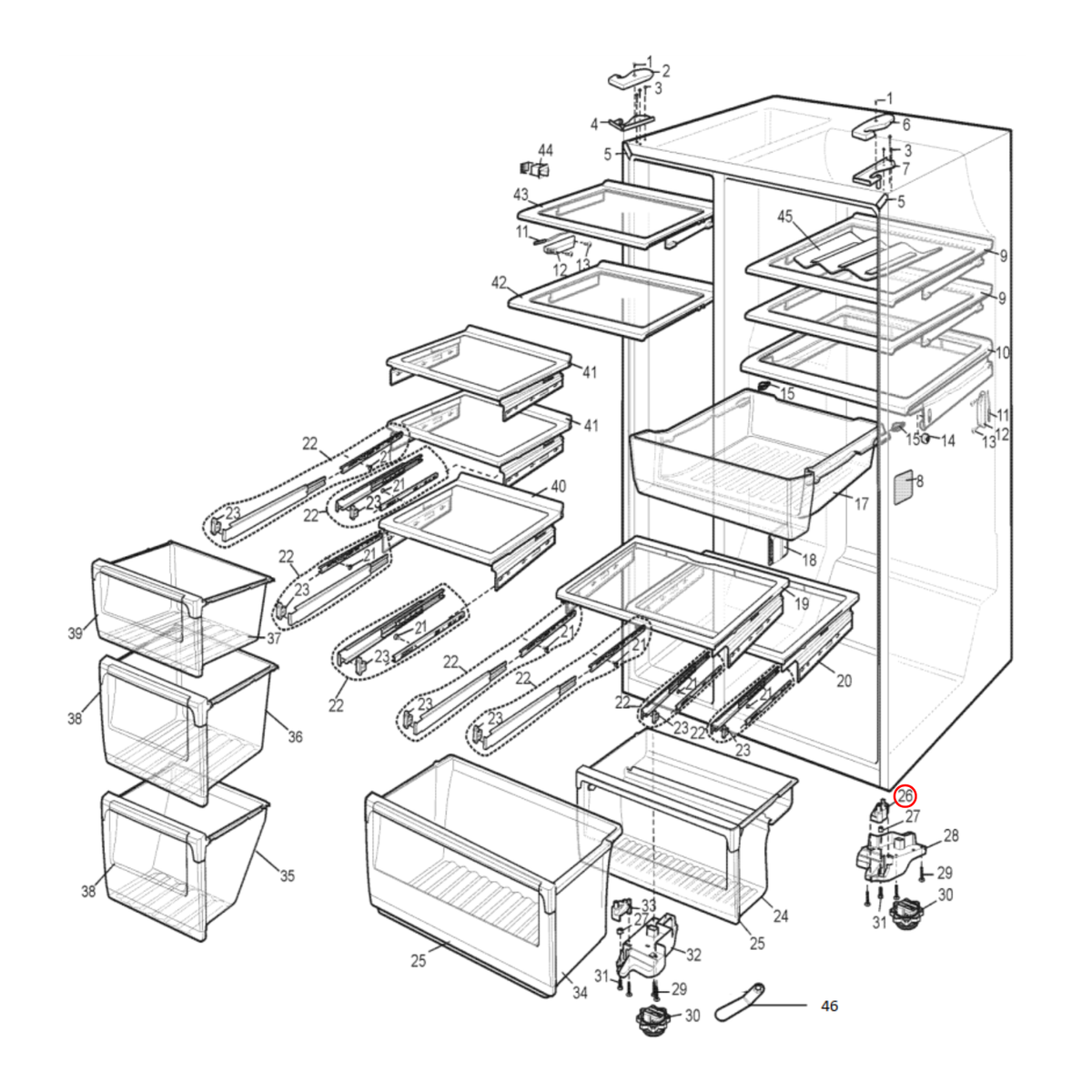 Parts diagram showing 50291963002 for Electrolux fridge models