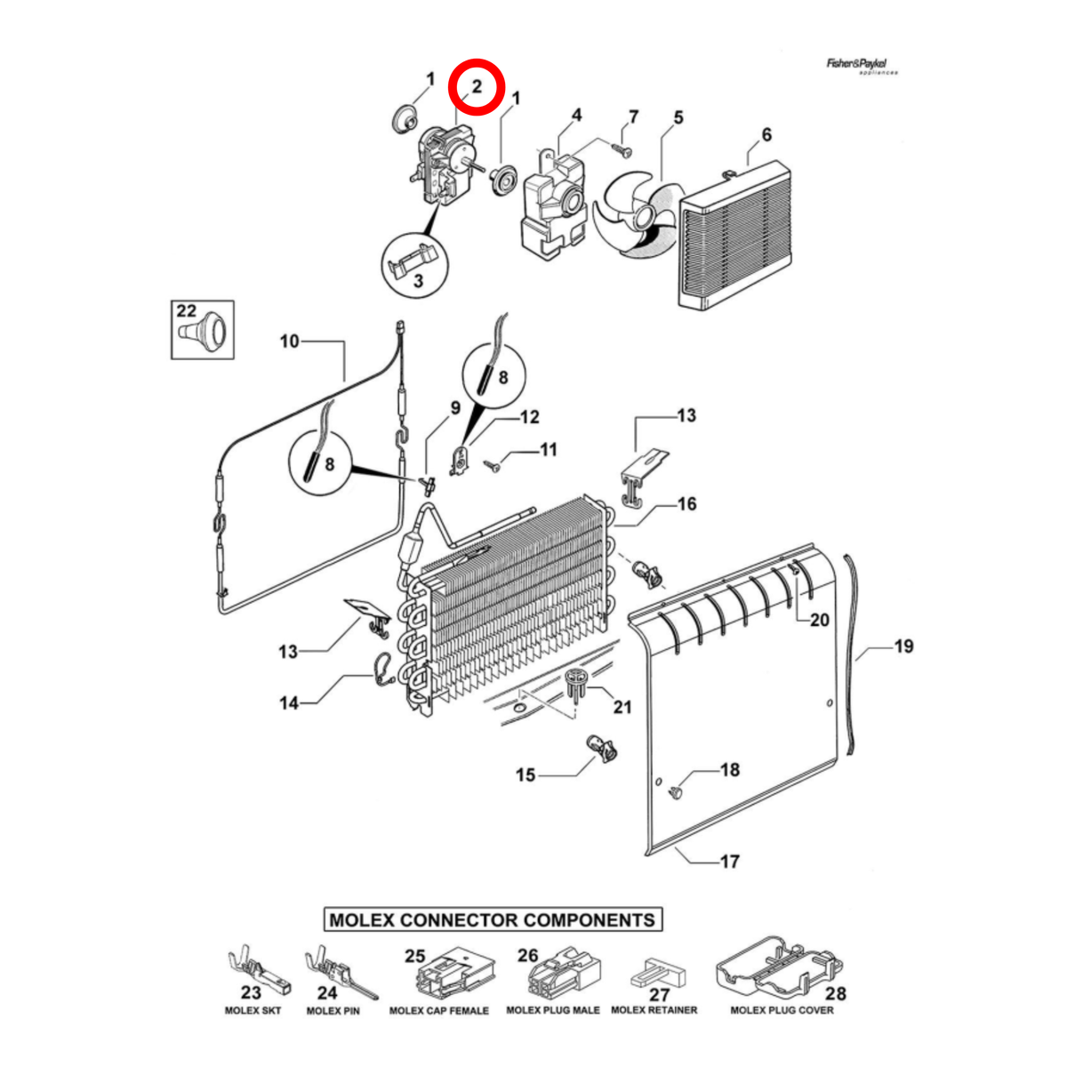 Parts diagram showing 315040P for Fisher & Paykel fridge models