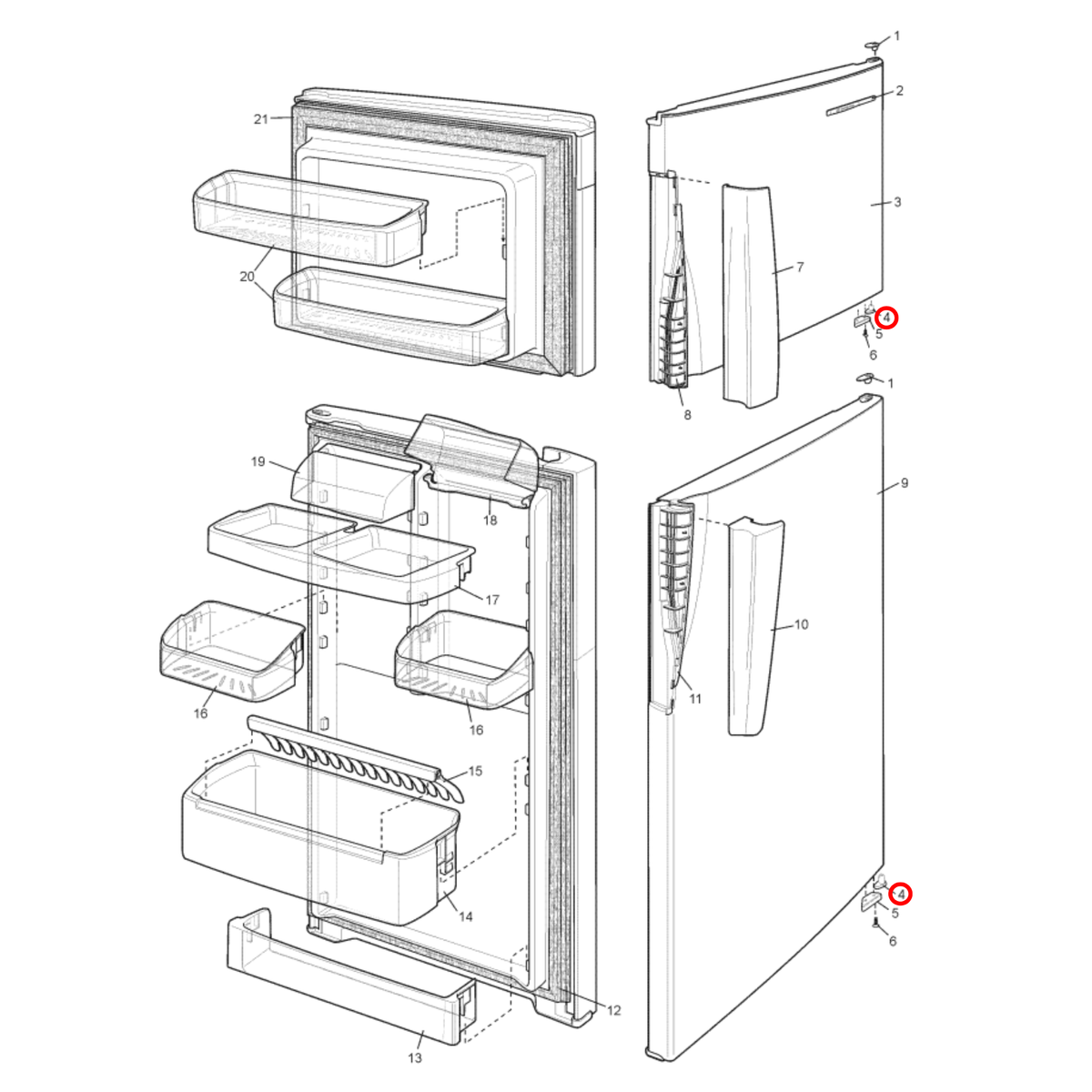 Parts diagram showing 4055727491 for Westinghouse fridge models