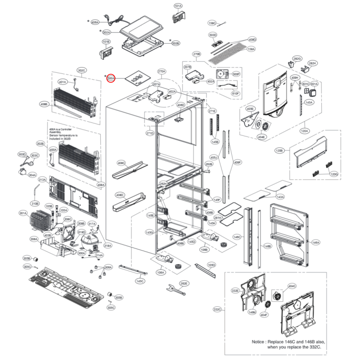 Parts diagram showing EBR85712619 for LG fridge models