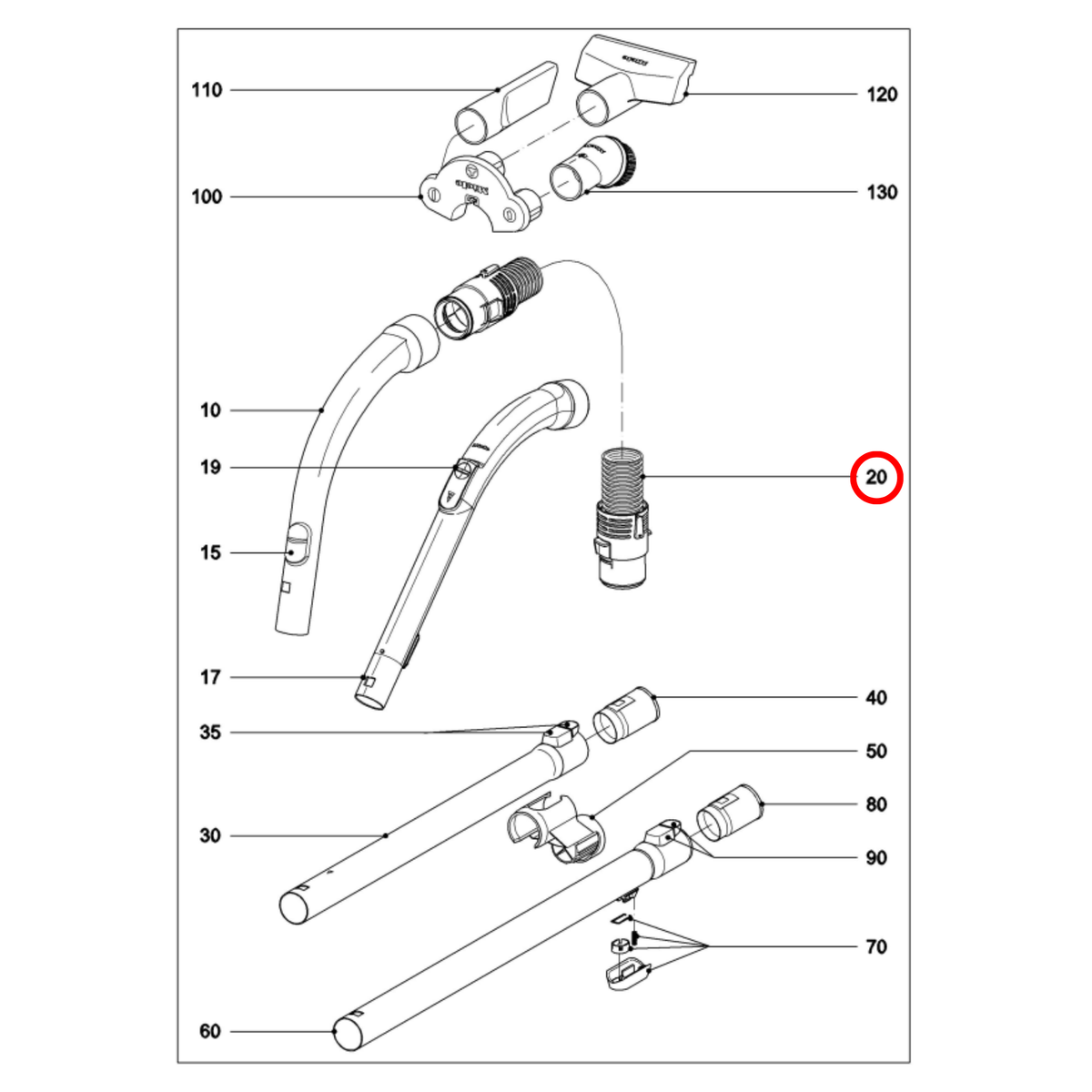 Parts diagram showing 12491350 for Miele vacuum cleaner models