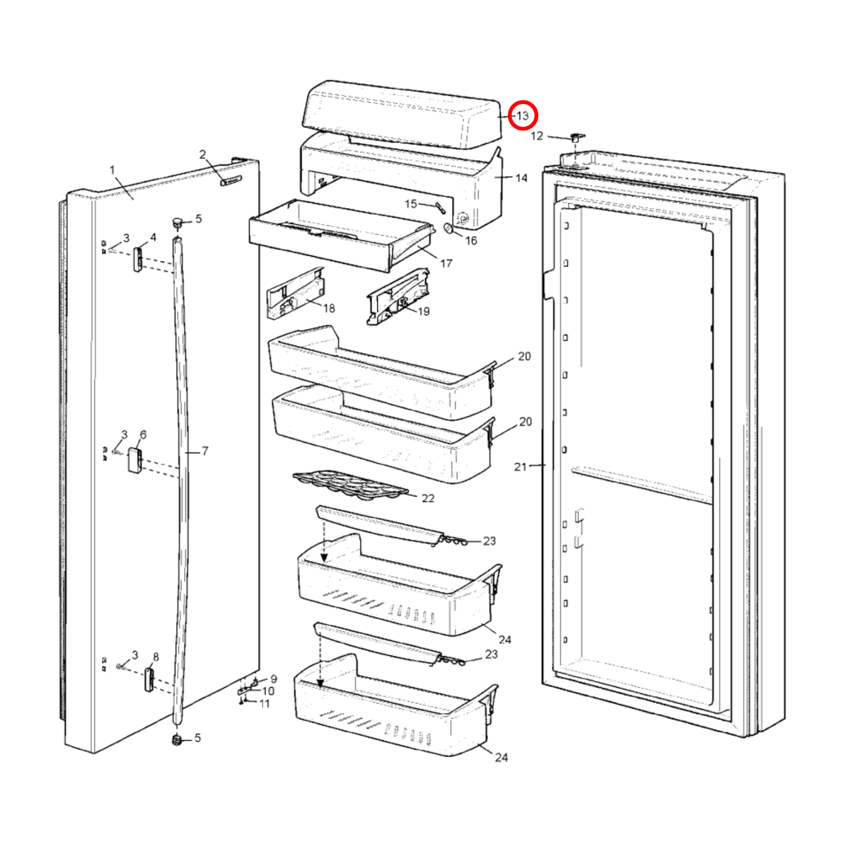 Parts diagram showing 50291893001 for Electrolux & Westinghouse fridge models
