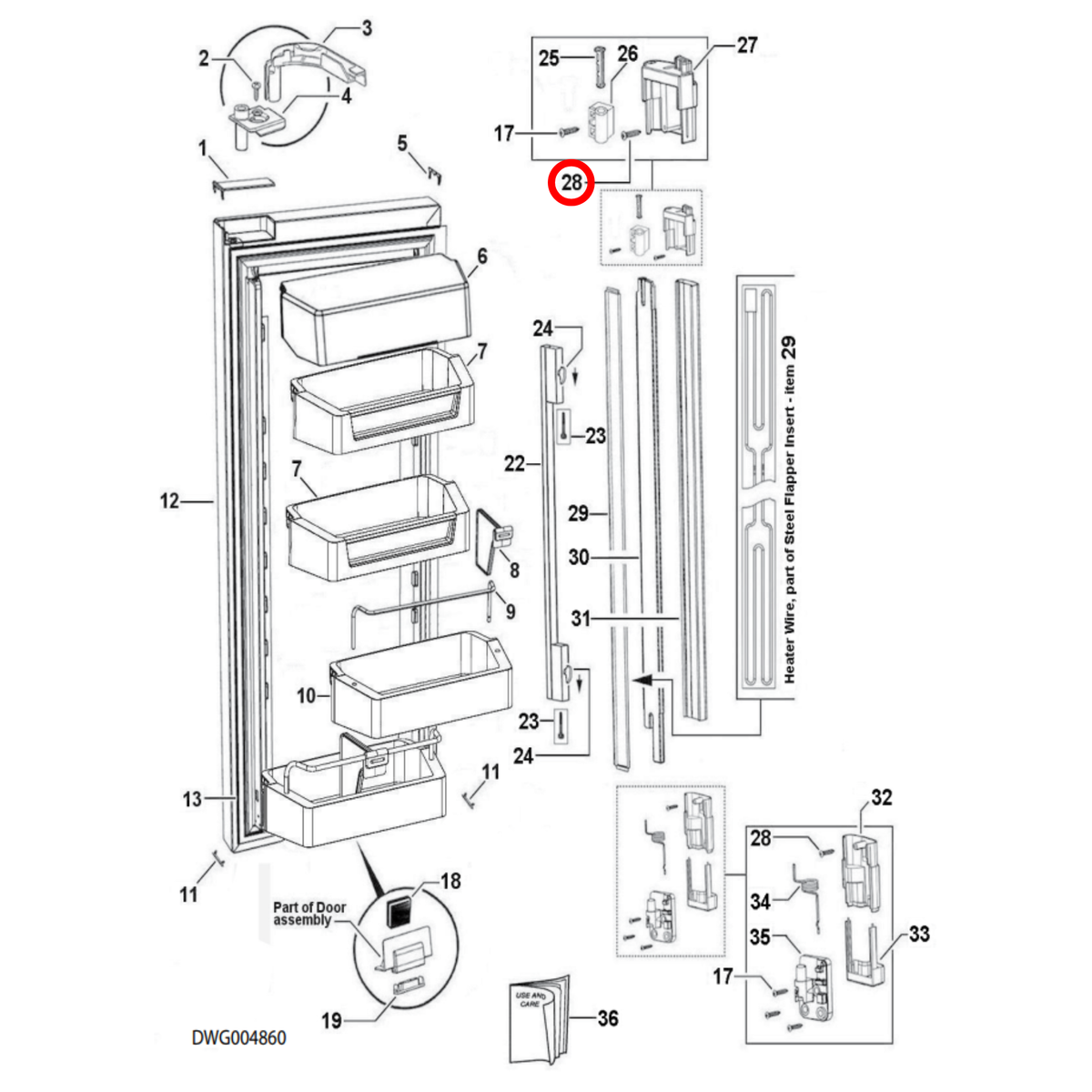 Parts diagram showing 611933P for Fisher & Paykel fridge models