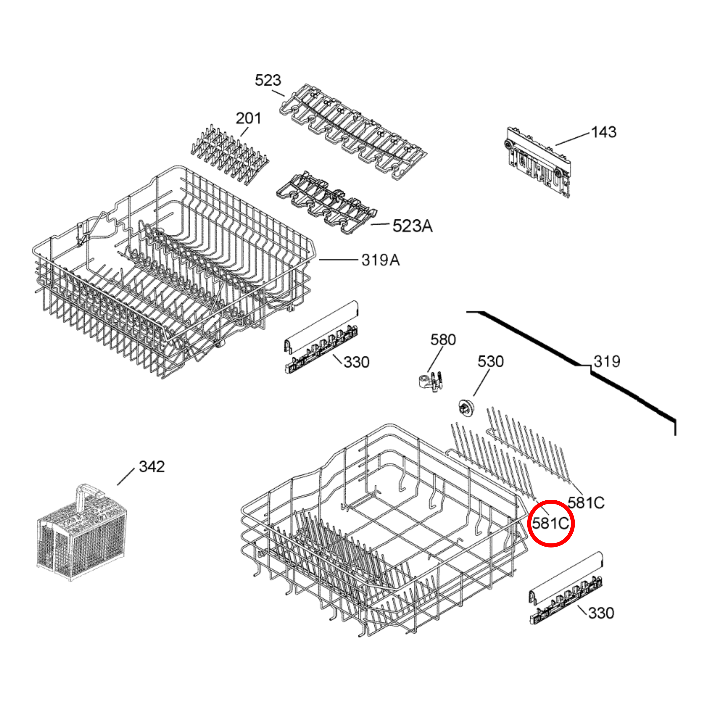 1172588103 AEG, Electrolux Dishwasher Crock Insert Rack Fold Down Right Hand