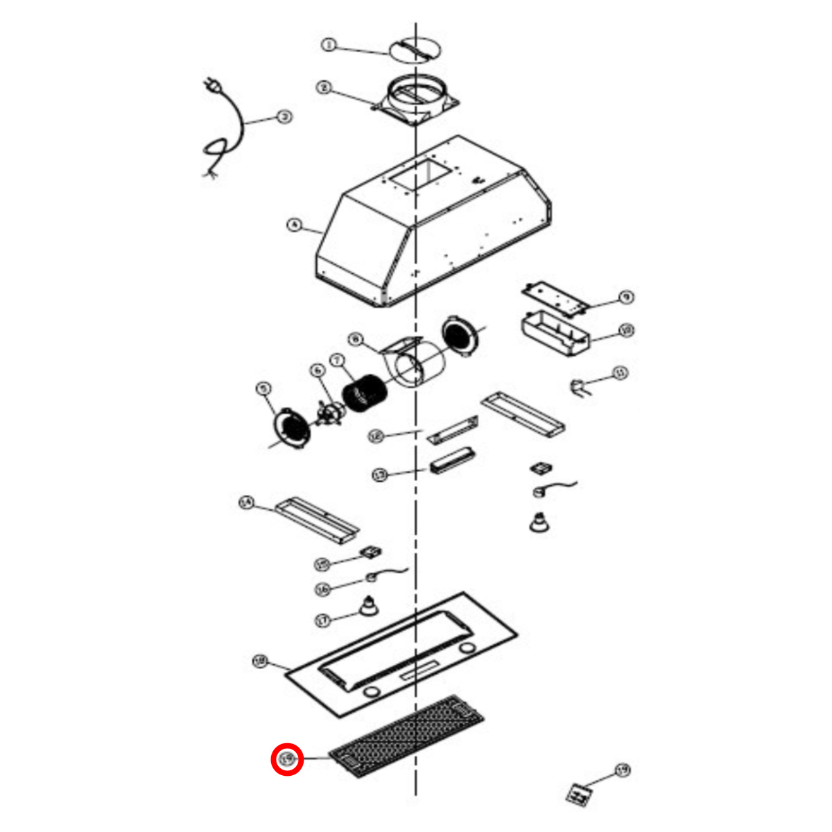 Parts diagram showing AT6008A9019 for Venini rangehood models