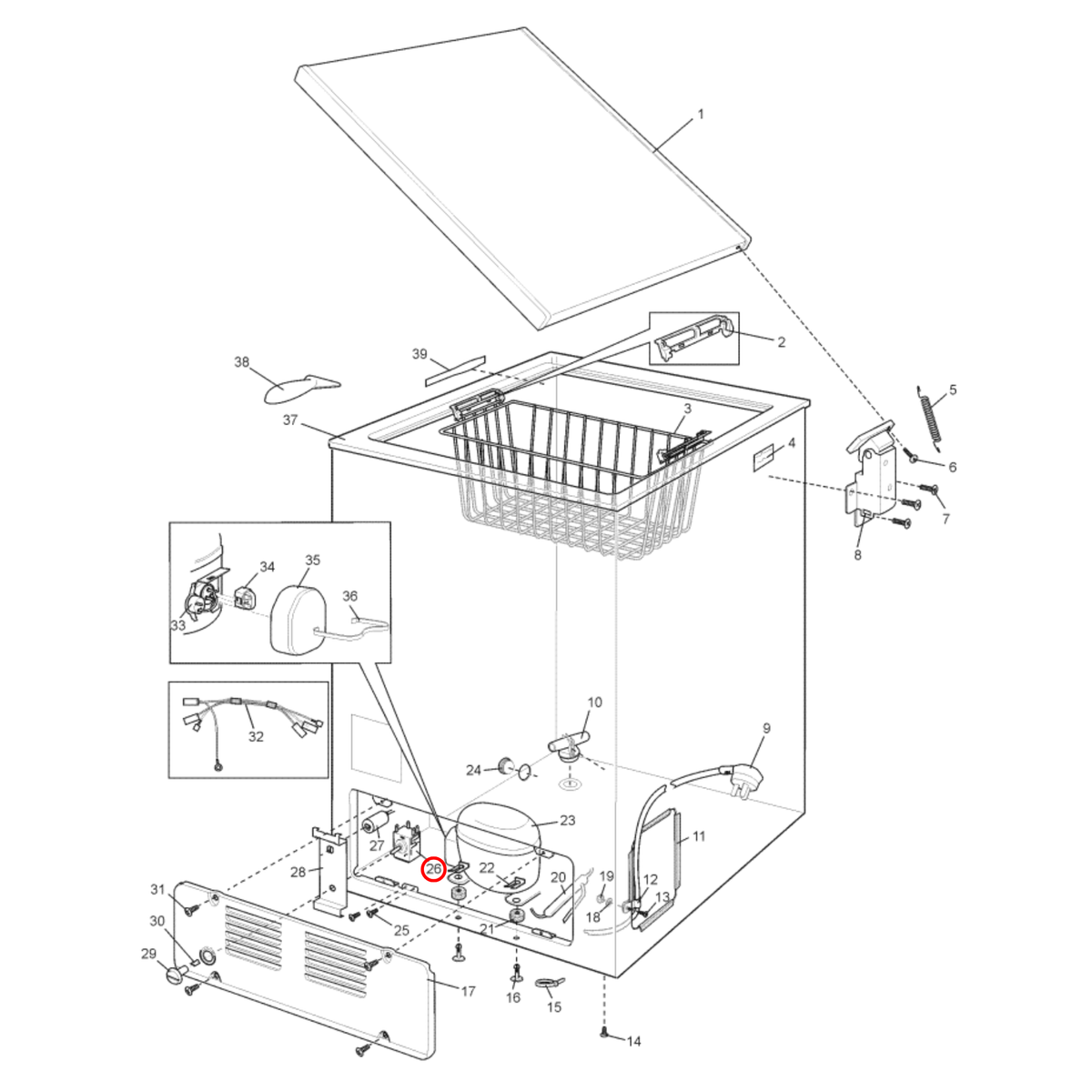 Parts diagram showing 85814114006 for Kelvinator & Westinghouse fridge models
