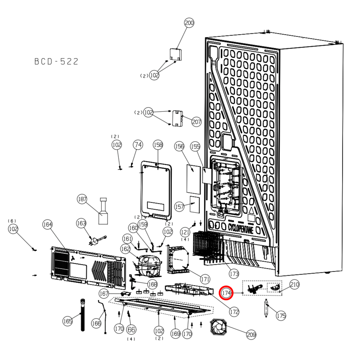 Parts diagram showing K2134308 for Hisense fridge models