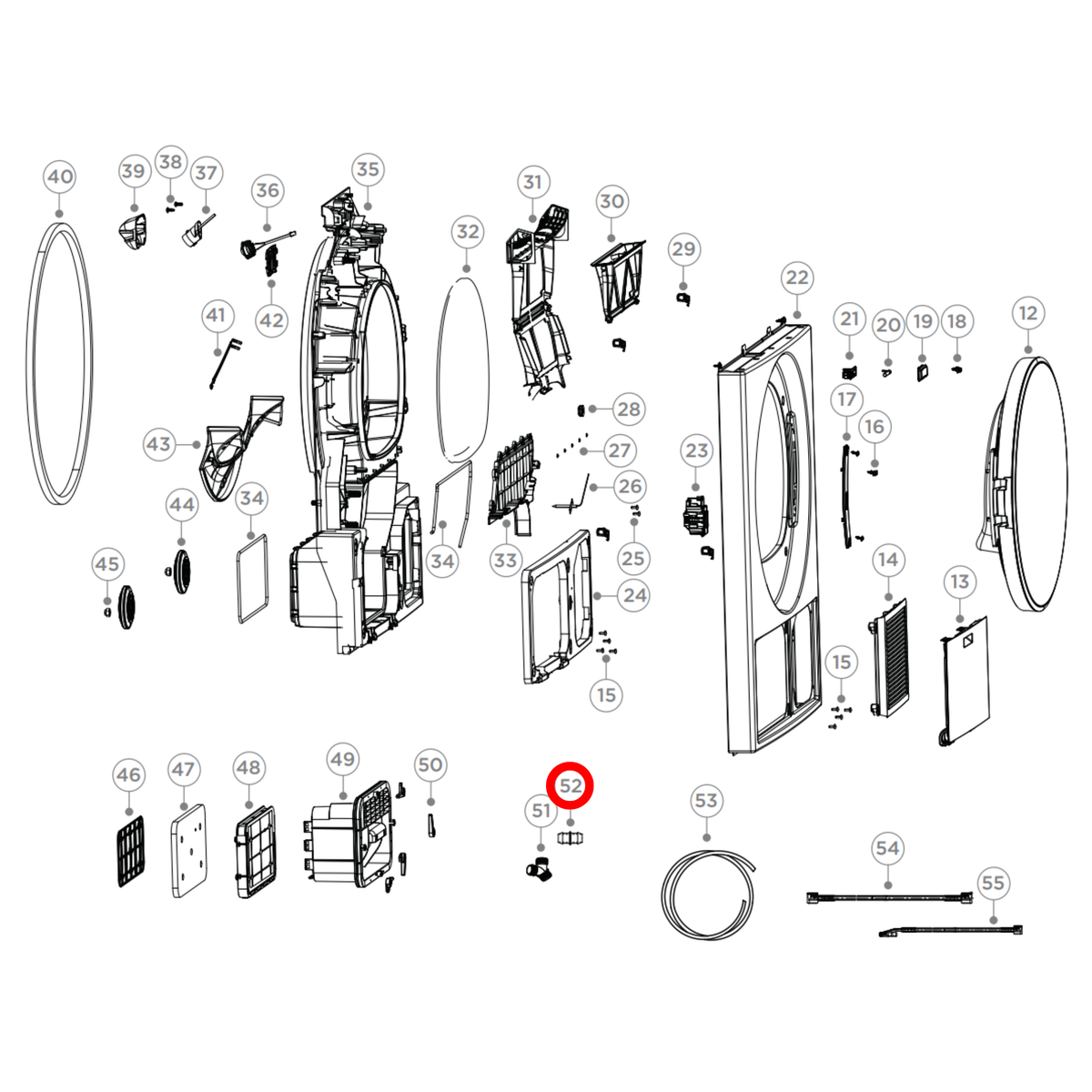 Parts diagram showing H0020203054 for Fisher & Paykel dryer models
