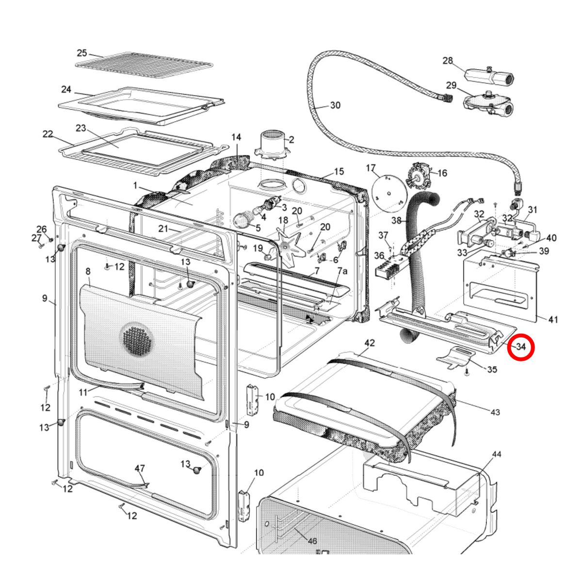 Parts diagram showing 0004008300 for Chef, Electrolux & Westinghouse oven models