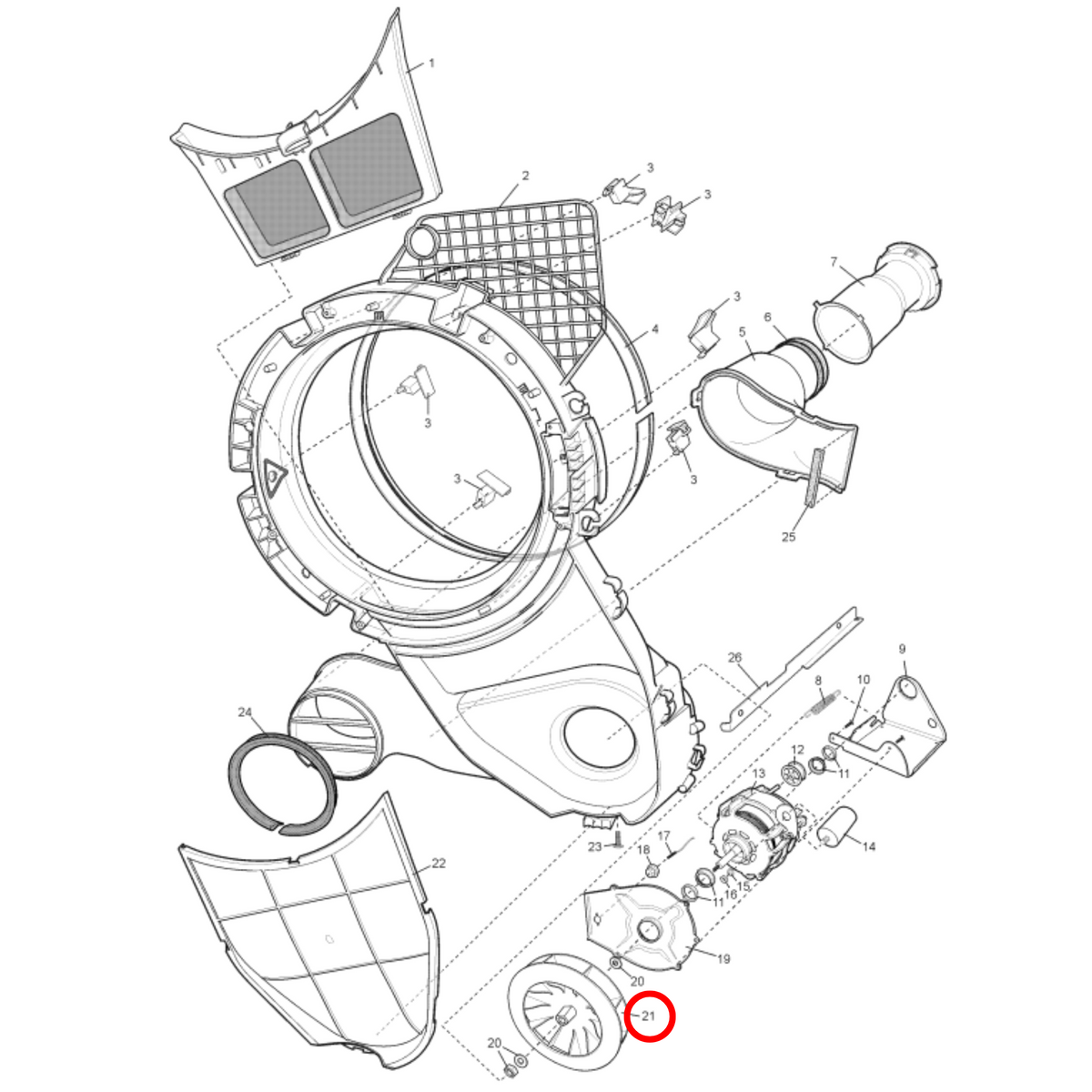 Parts diagram showing 4055574646 for Electrolux & Simpson dryer models