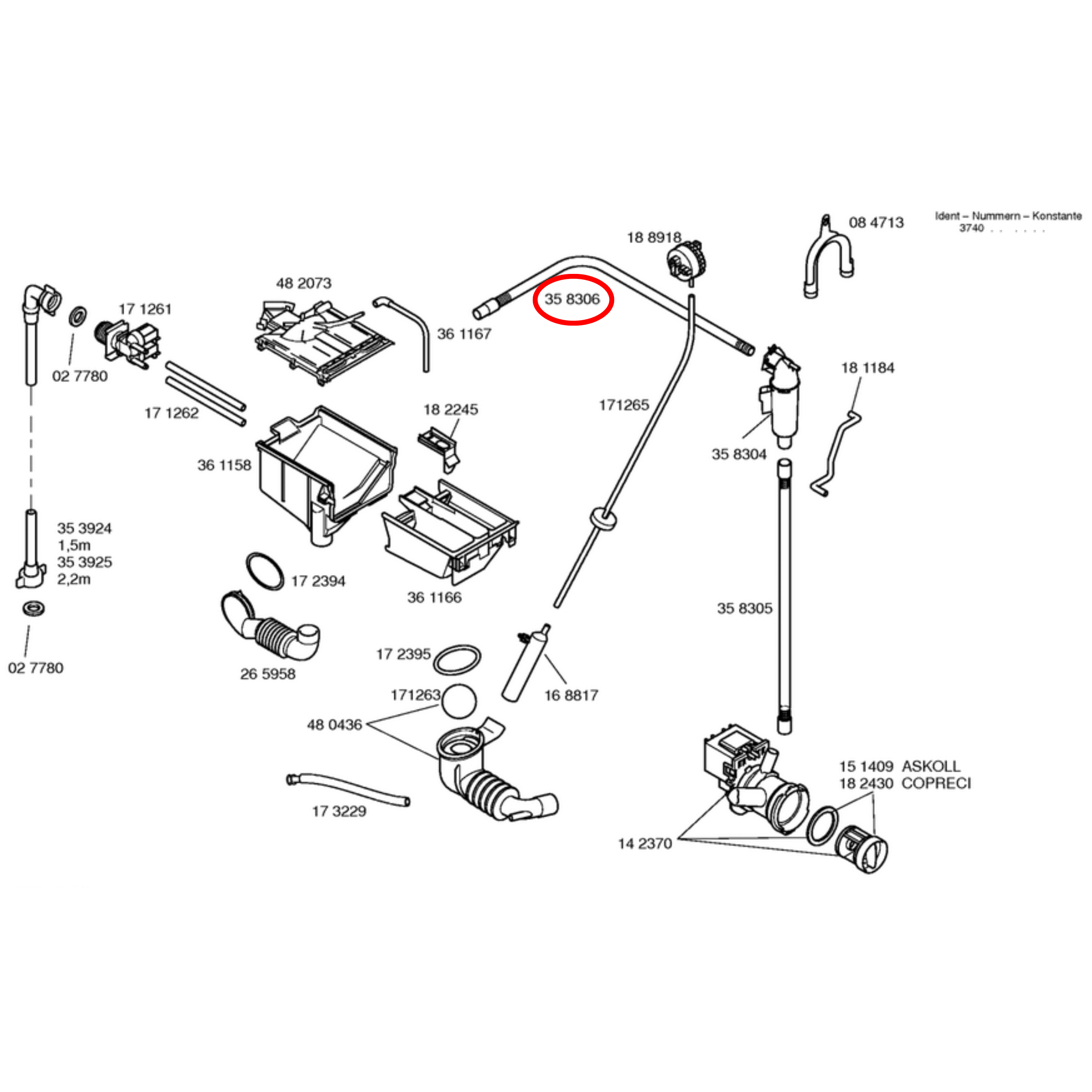 Parts diagram showing 00358306 for Bosch washing machine models
