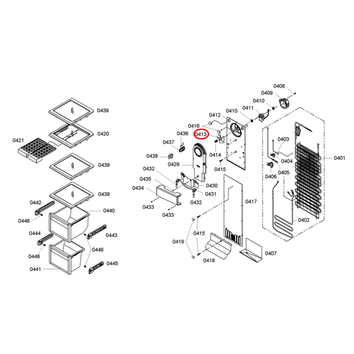 Parts diagram showing 00601068 for Bosch fridge models