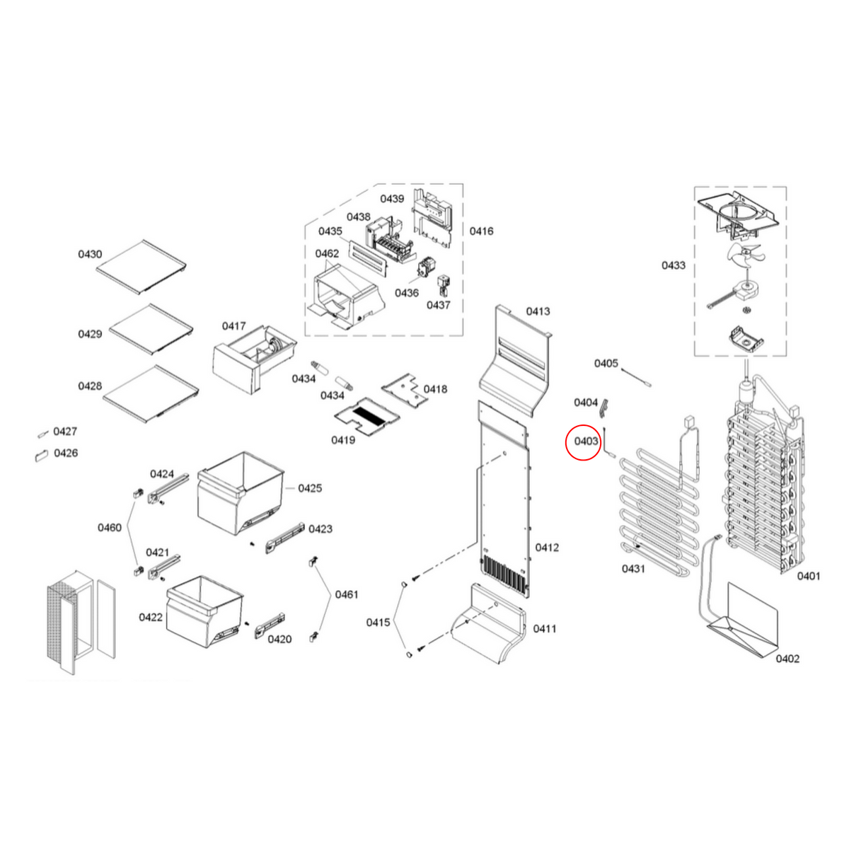 Parts diagram showing 00612240 for Bosch fridge models