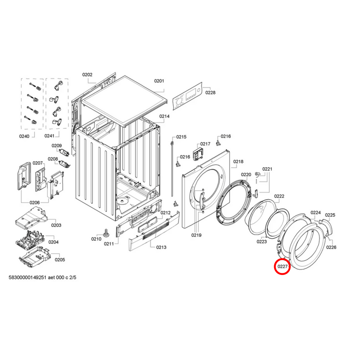 Parts diagram showing 00673907 for Bosch dryer models