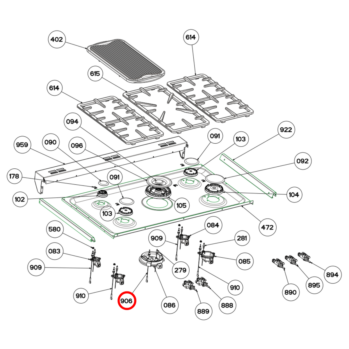 Parts diagram showing 082965800 for Belling cooktop models