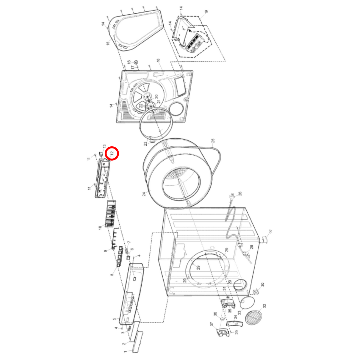 Parts diagram showing 133300128 for Electrolux dryer models
