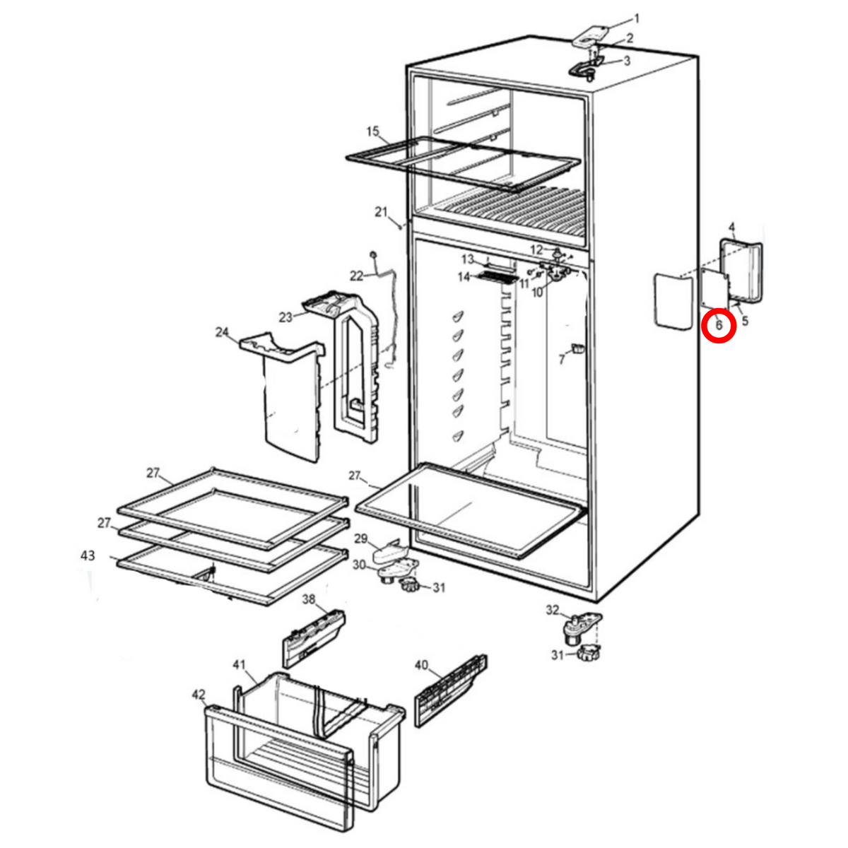 Parts diagram showing 140010286031 for Kelvinator fridge models