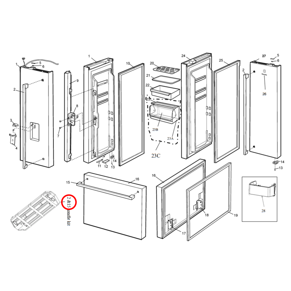 Parts diagram showing 140023311024 for Electrolux & Westinghouse fridge models