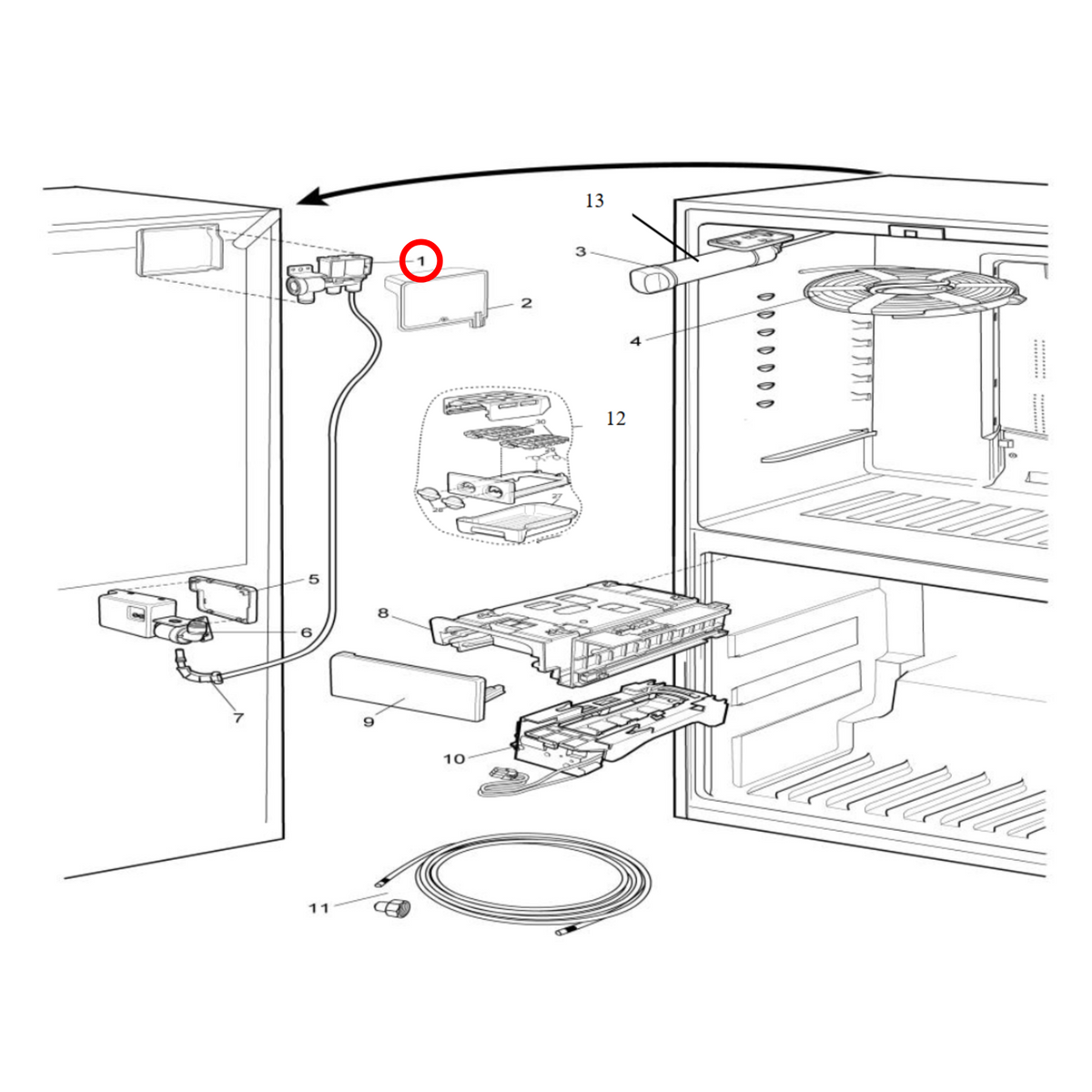 Parts diagram showing 140024774014 for Electrolux & Westinghouse fridge models