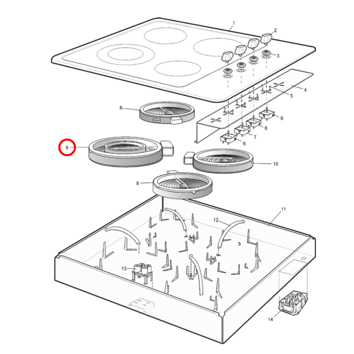 Parts diagram showing 140057321014 for Electrolux & Westinghouse cooktop models