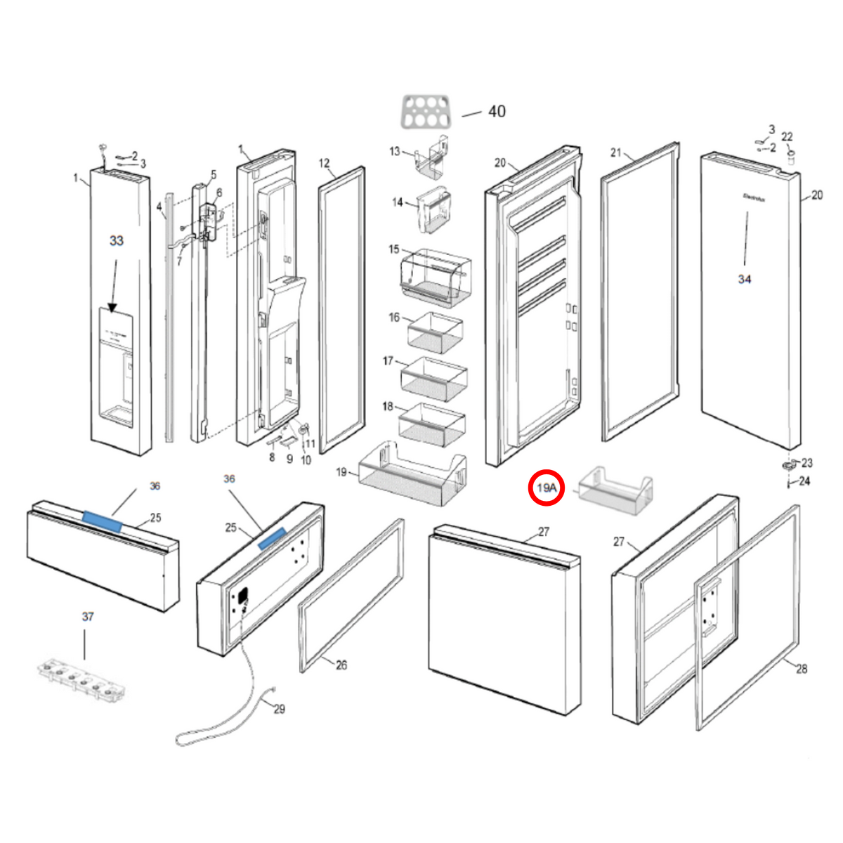 Parts diagram showing 140073370011 for Electrolux & Westinghouse fridge models