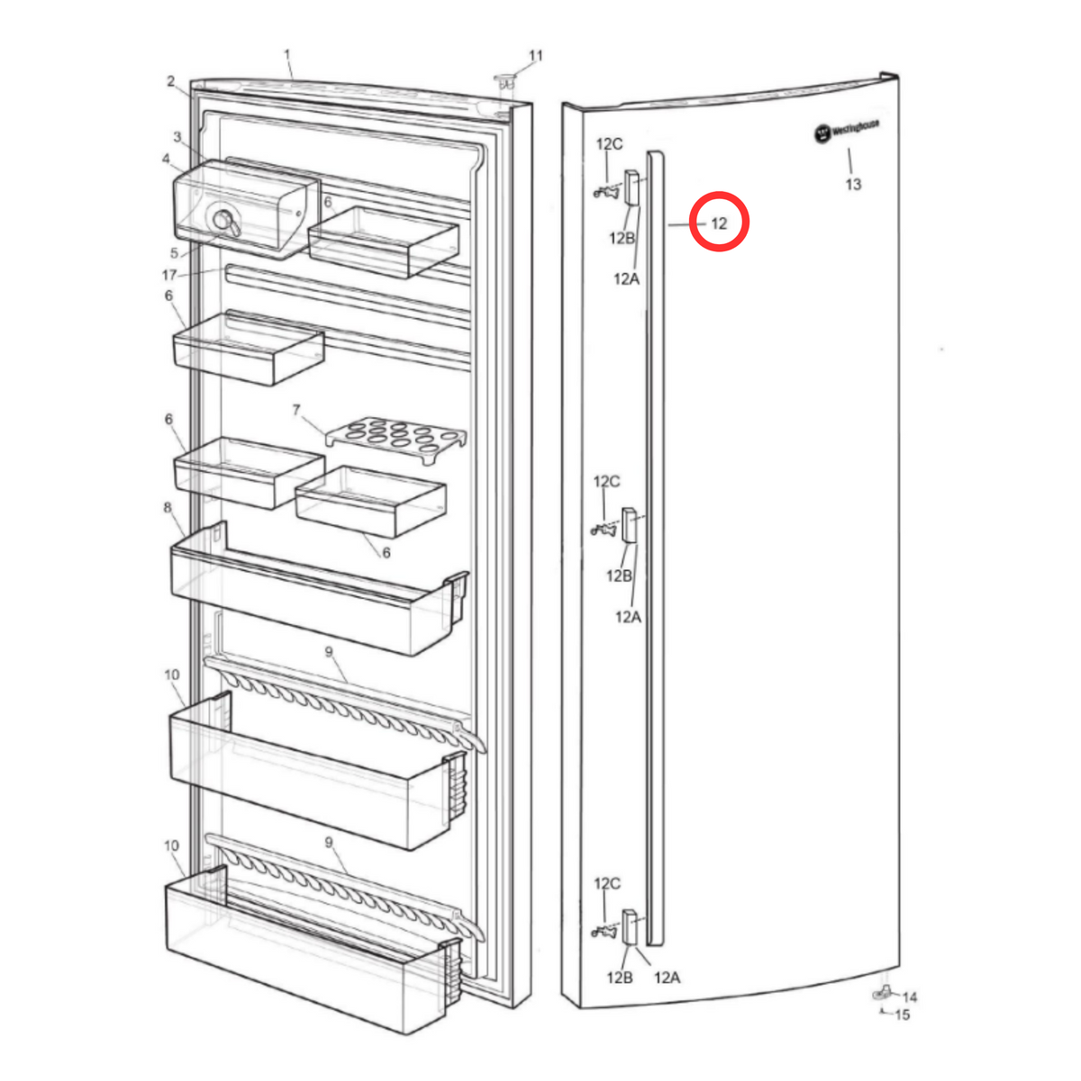 Parts diagram showing 140156569059 for Westinghouse fridge models