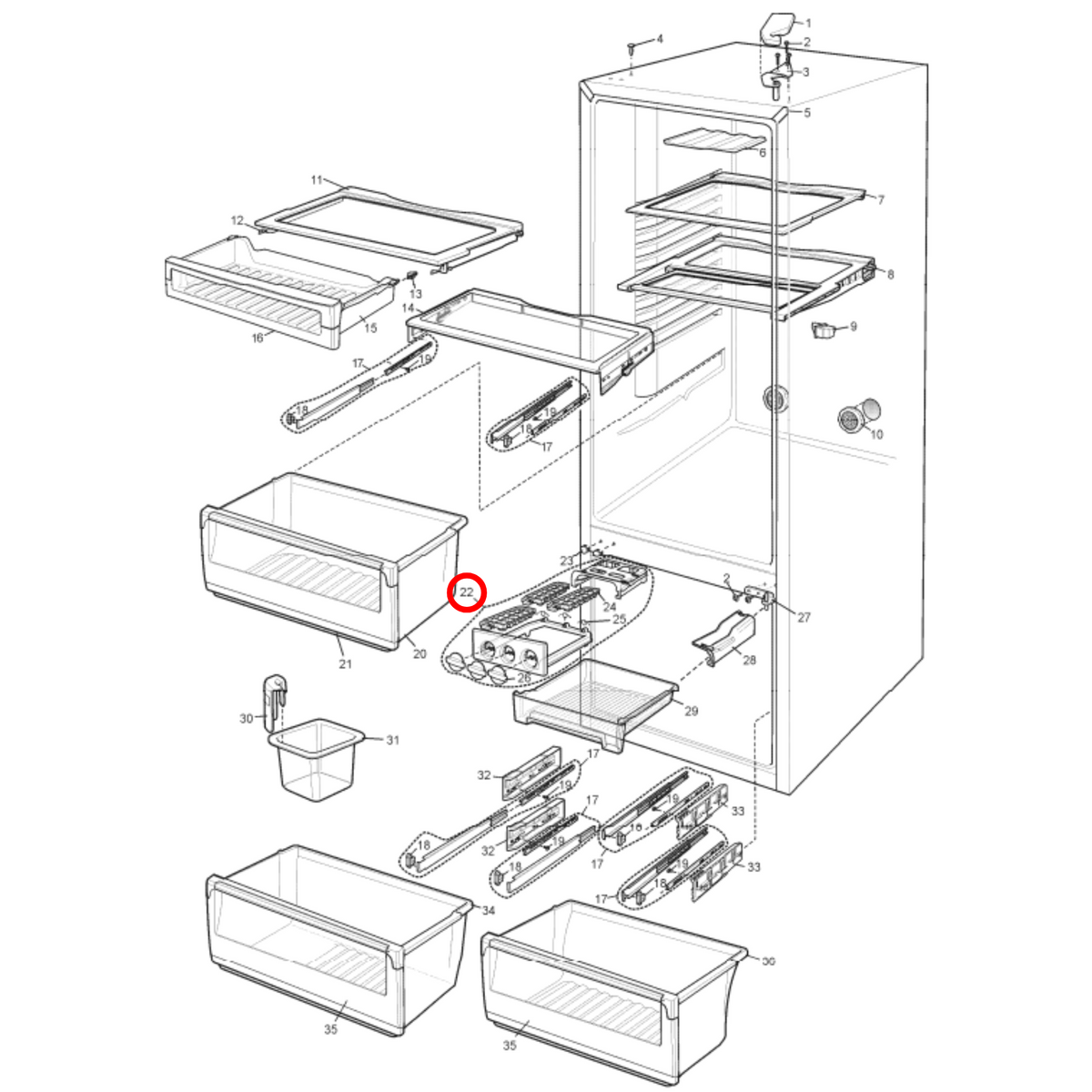 Parts diagram showing 4055727731 for Electrolux & Westinghouse fridge models