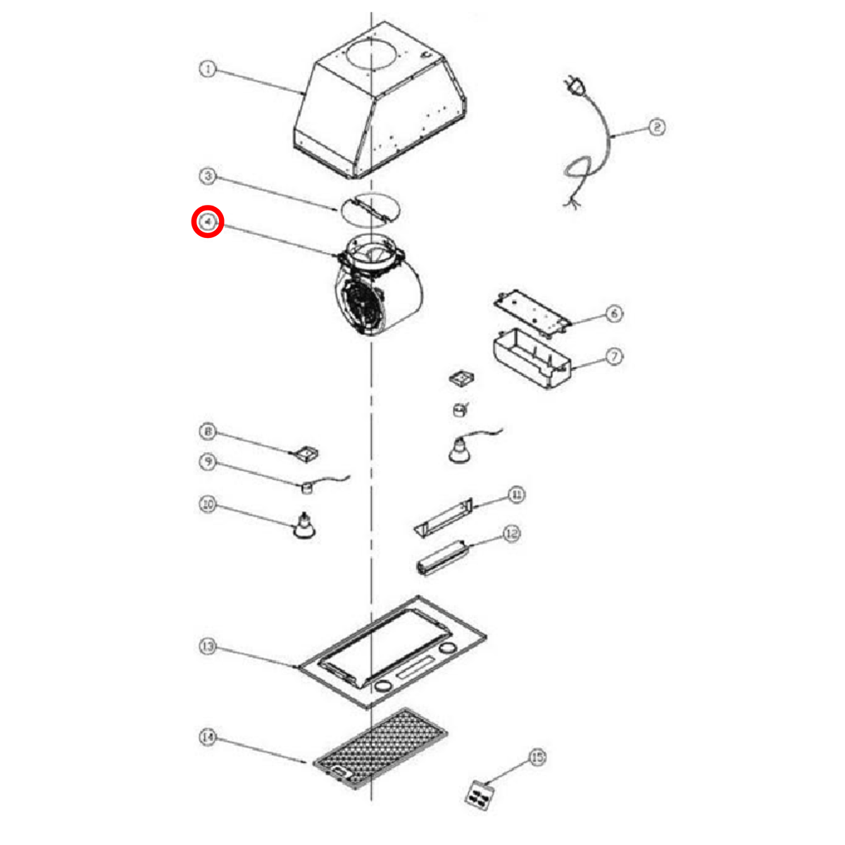 Parts diagram showing MTC301 for Venini rangehood models