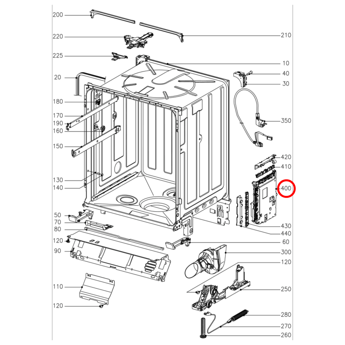 Parts diagram showing 11215113 for Miele dishwasher models