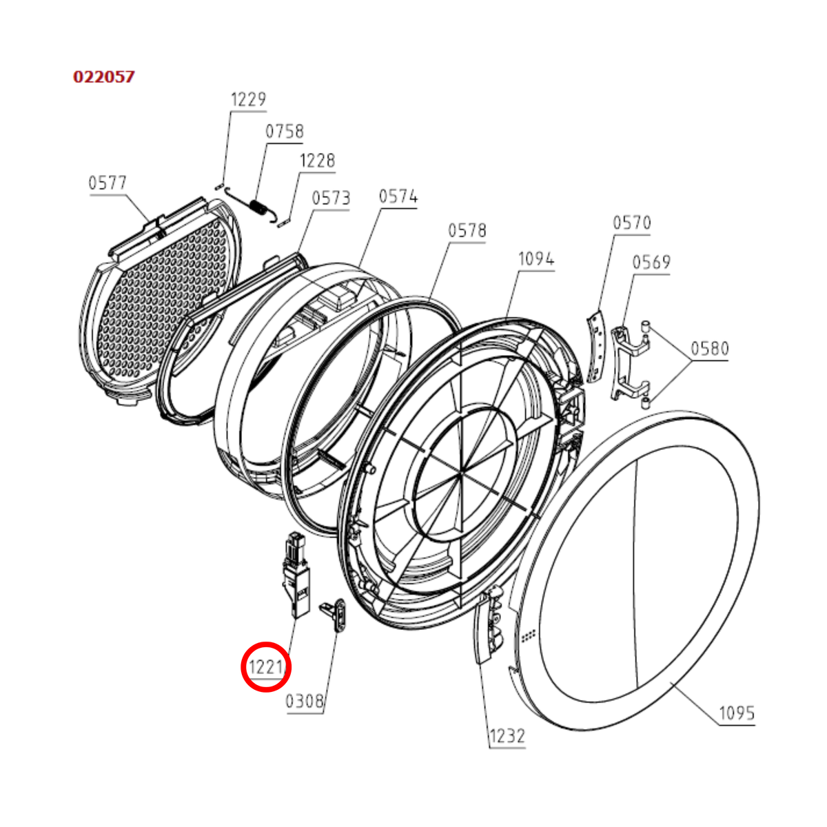 Parts diagram showing 500355 for Asko & Gorenje dryer models