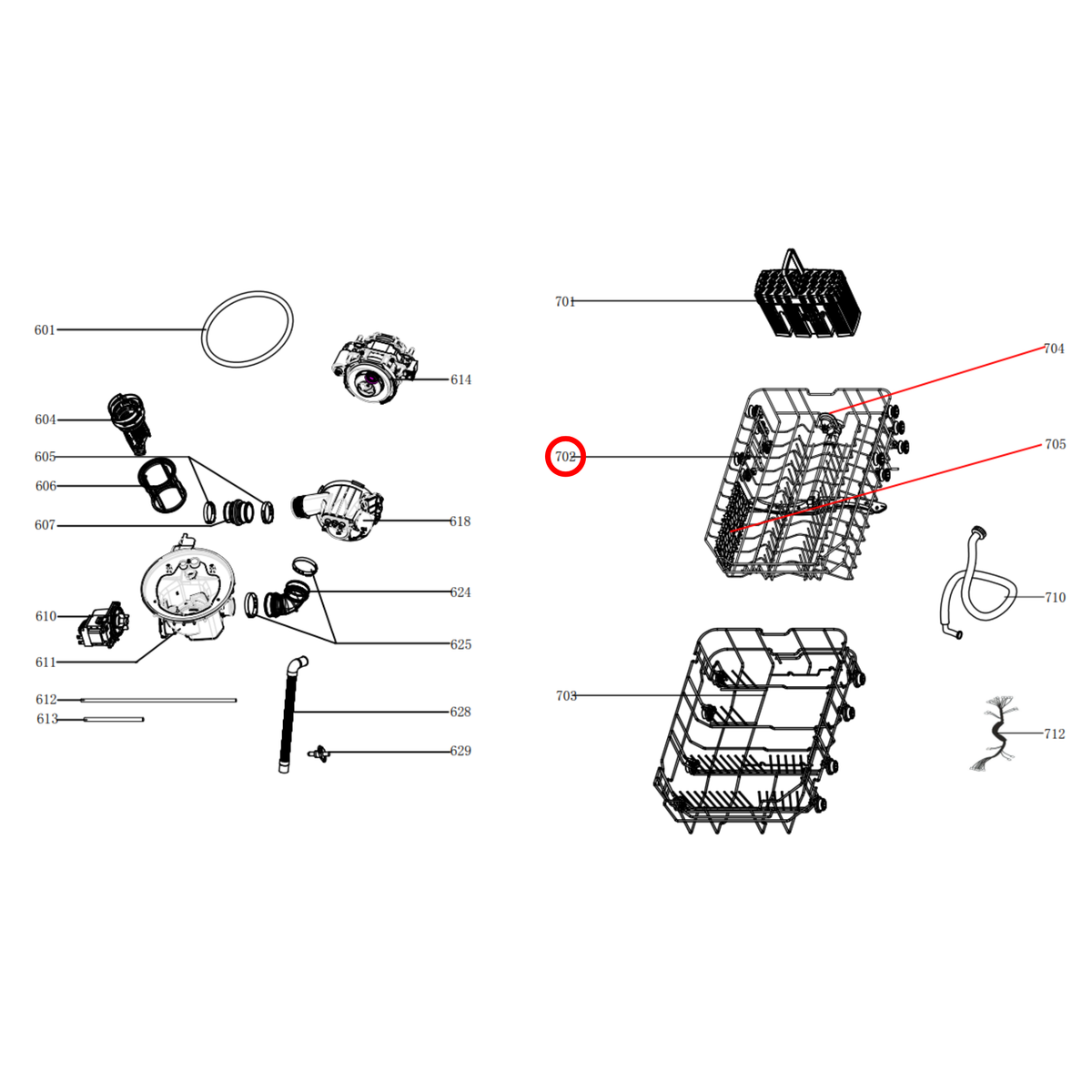 Parts diagram showing 12976000000499 for Euromaid dishwasher models