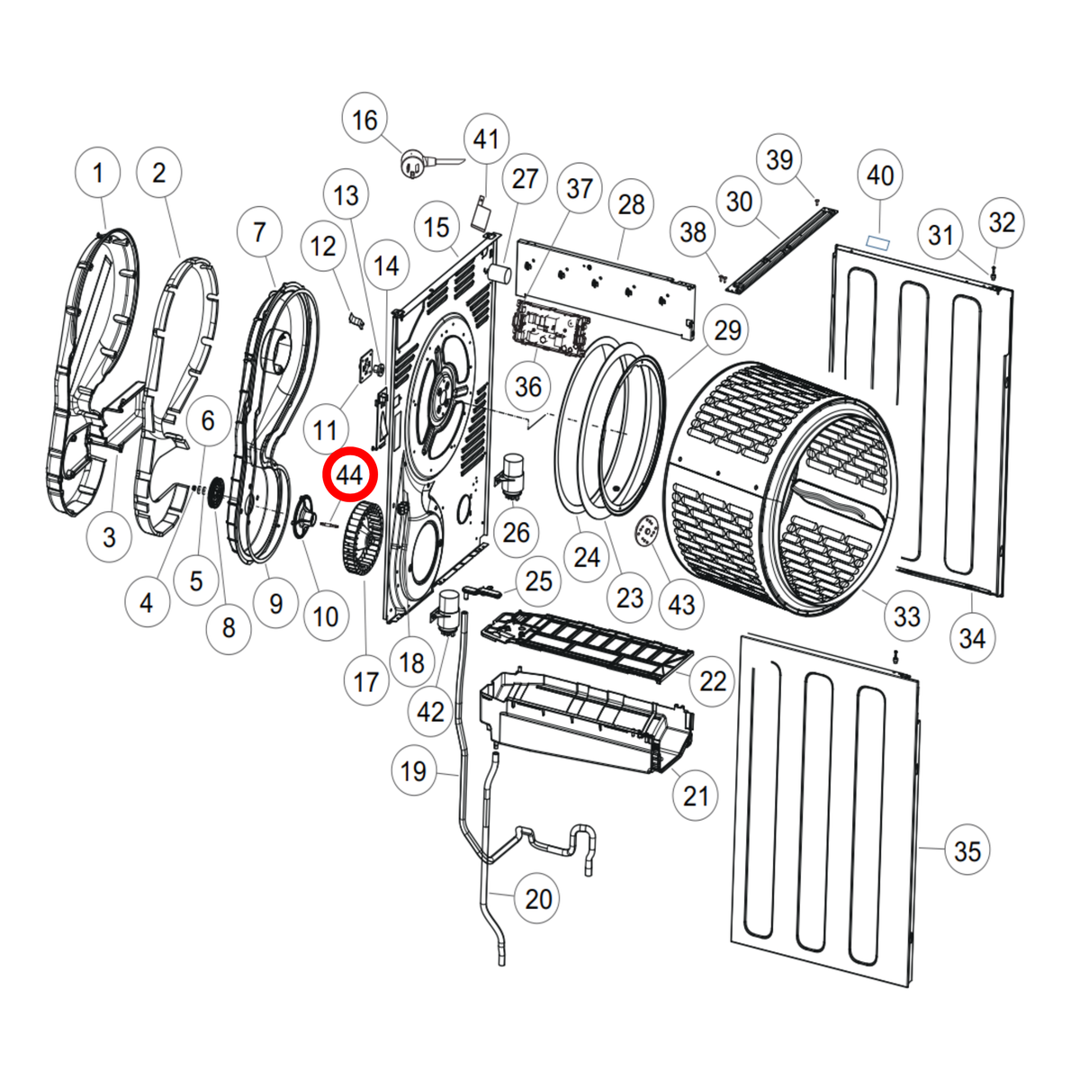 Parts diagram showing H0180100399 for Fisher & Paykel & Haier dryer models