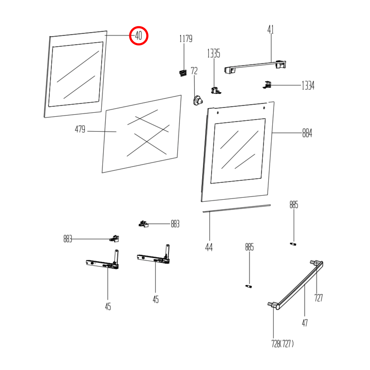 Parts diagram showing 290440376 for Baumatic & Euromaid oven models