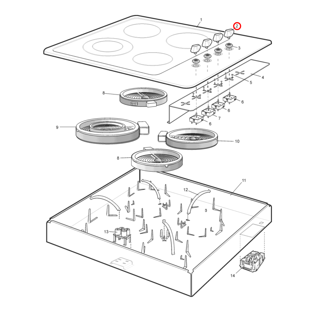 Parts diagram showing 140175221062 for Westinghouse cooktop models