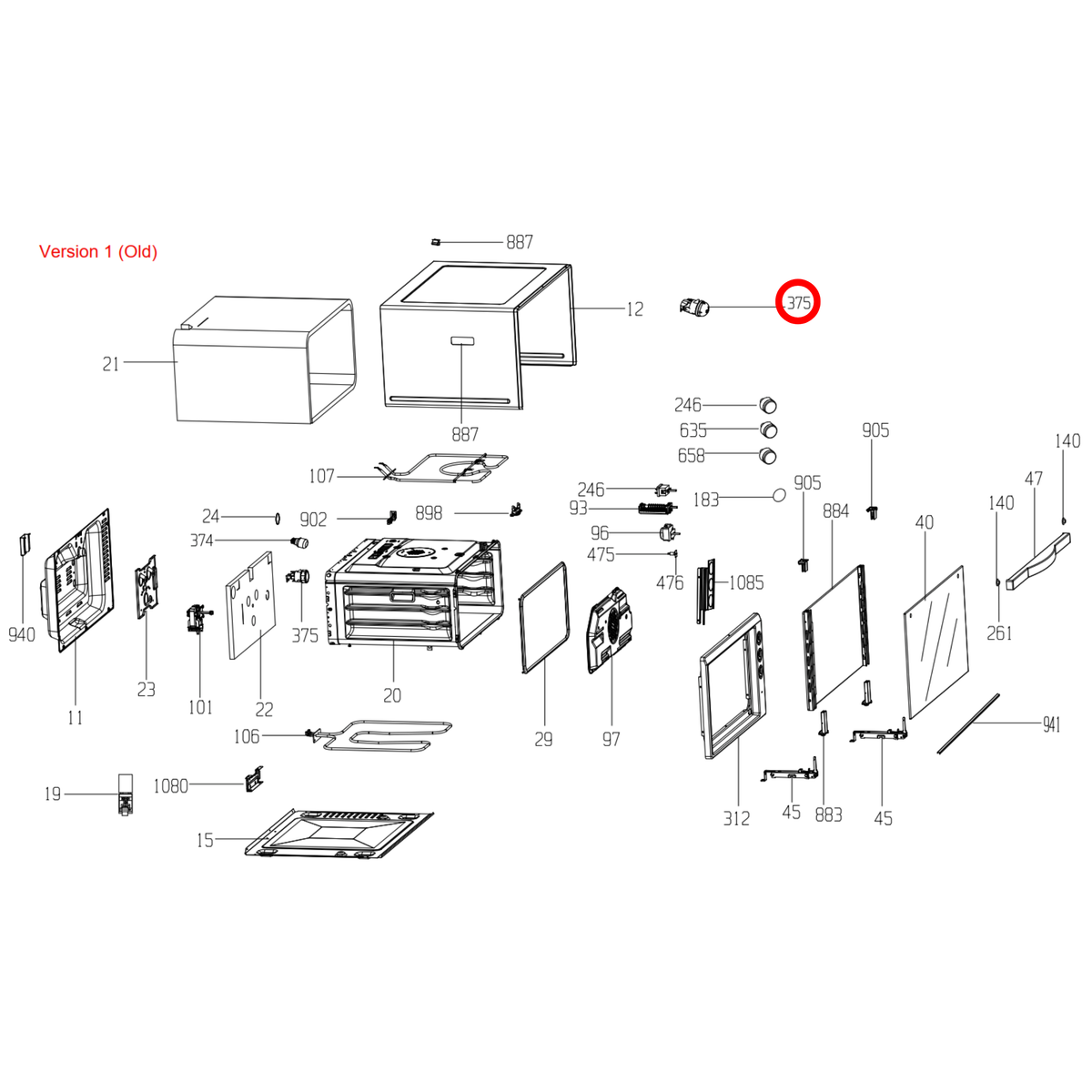 Parts diagram showing 265100022 for Beko & Euromaid oven models