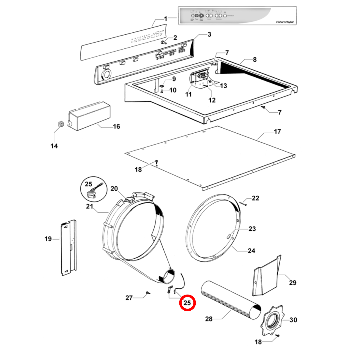 Parts diagram showing 427583 for Fisher & Paykel dryer models
