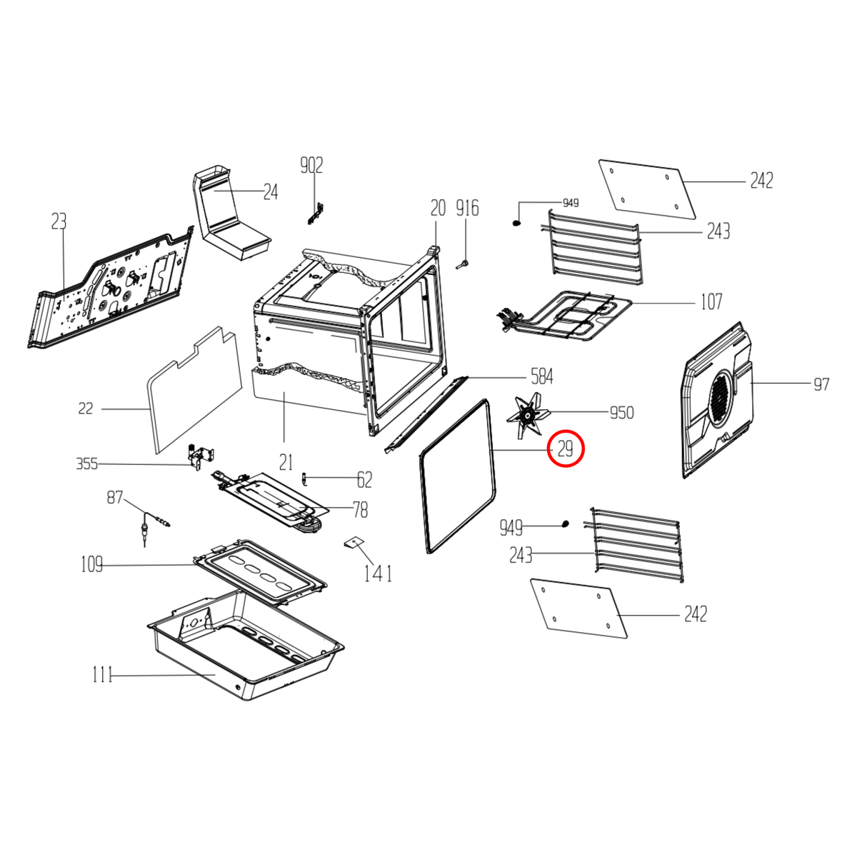 Parts diagram showing 255300007 for Beko & Euromaid oven models
