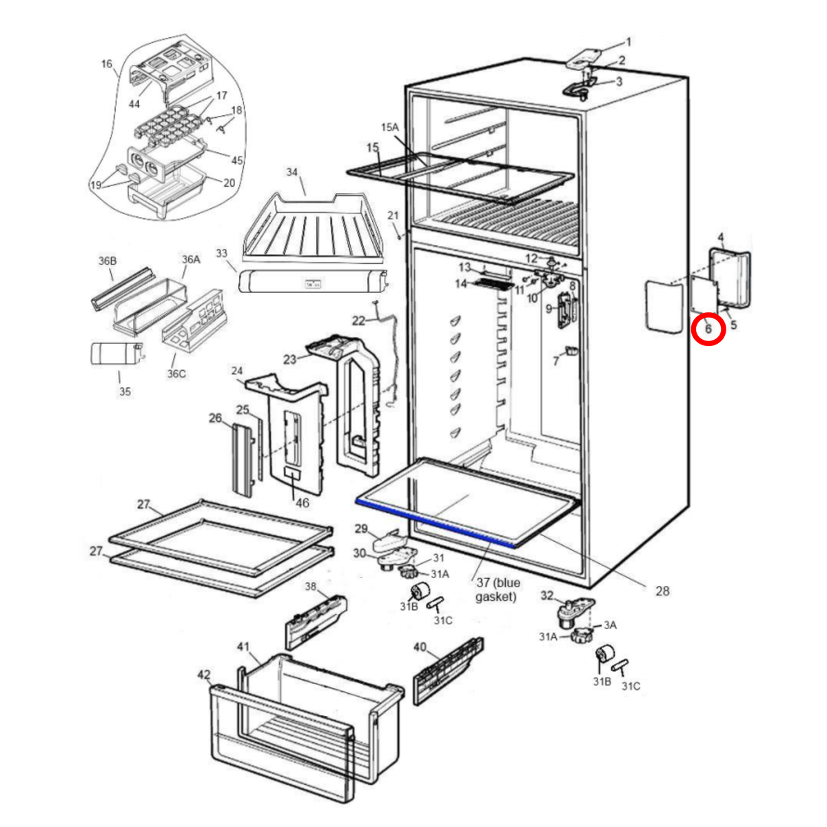 Parts diagram showing 140010285132 for Westinghouse fridge models