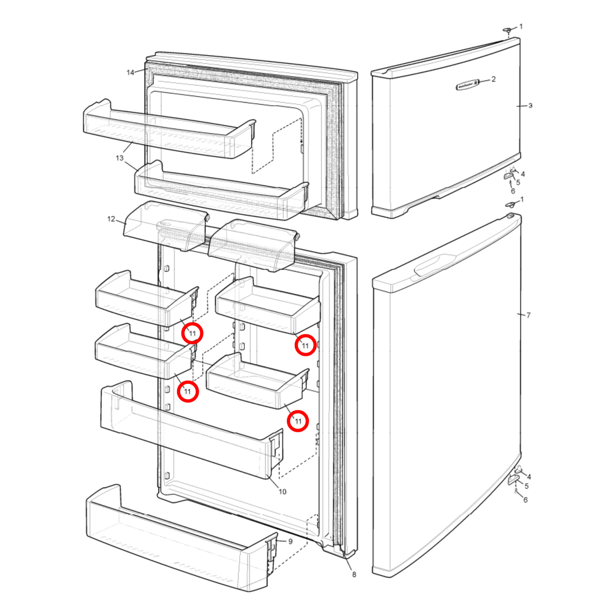 Parts diagram showing 50295708007 for Kelvinator & Simpson fridge models