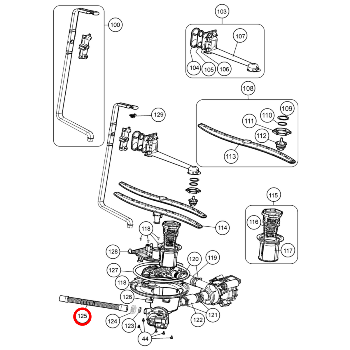 Parts diagram showing 4055710117 for Westinghouse dishwasher models