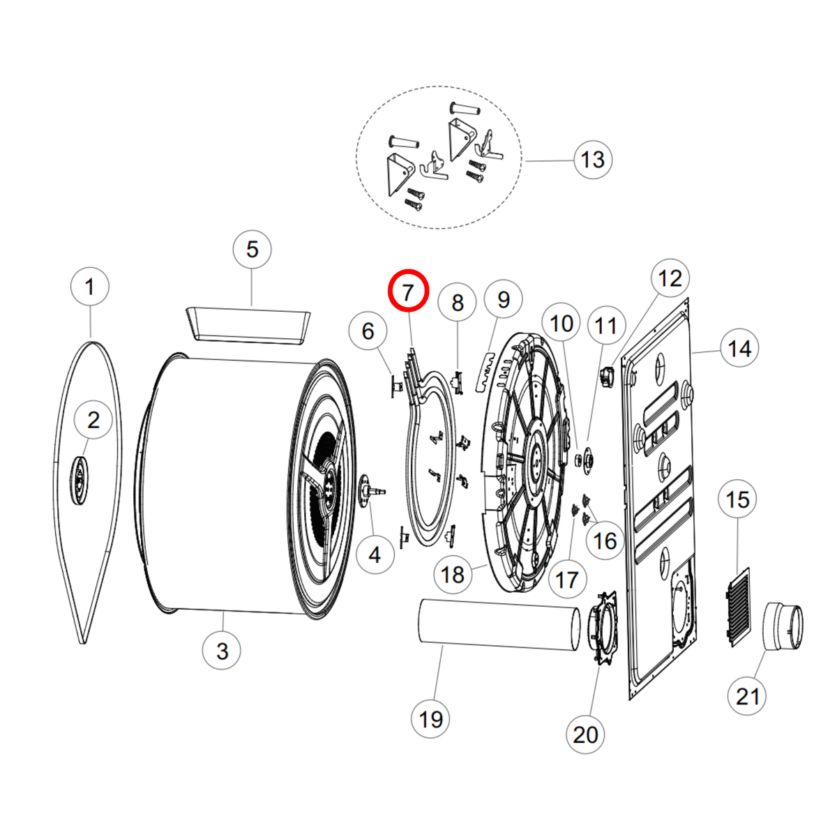 Parts diagram showing H0184000007A for Fisher & Paykel dryer models