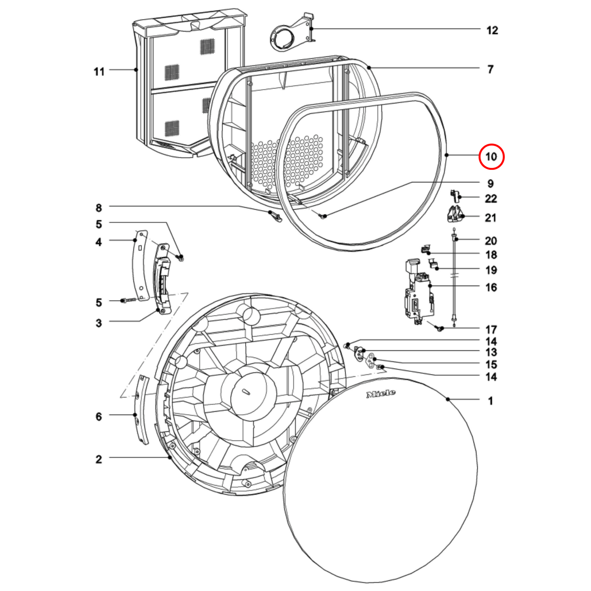 Parts diagram showing 5252913 for Miele dryer models