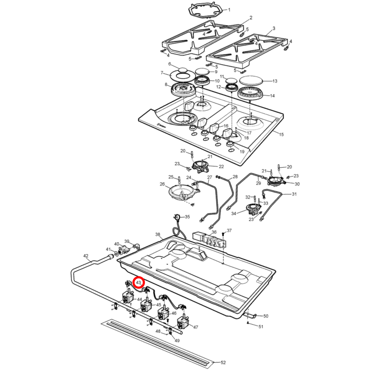 Parts diagram showing 305442600 for Westinghouse cooktop models