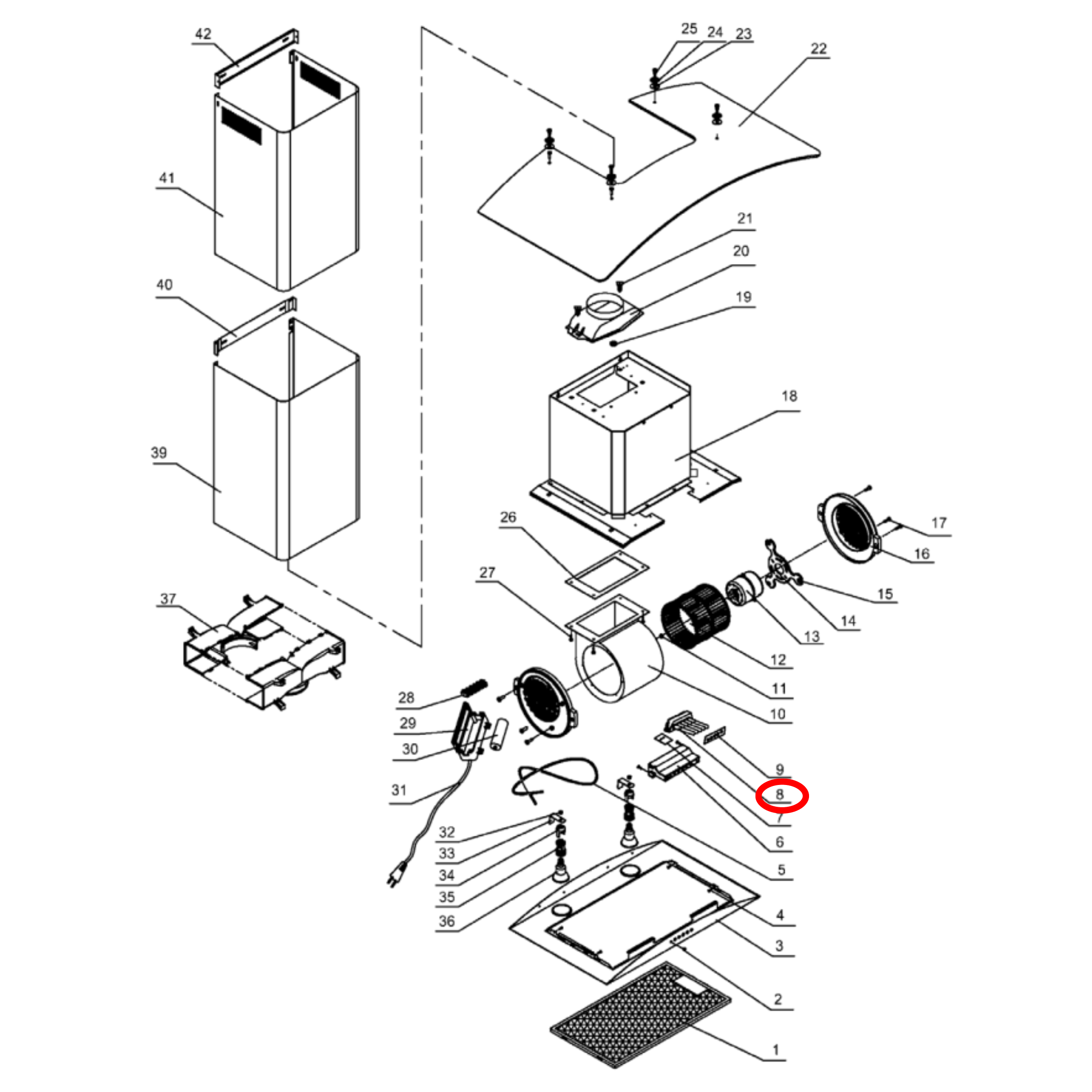 Parts diagram showing 4055585501 for Chef & Westinghouse rangehood models