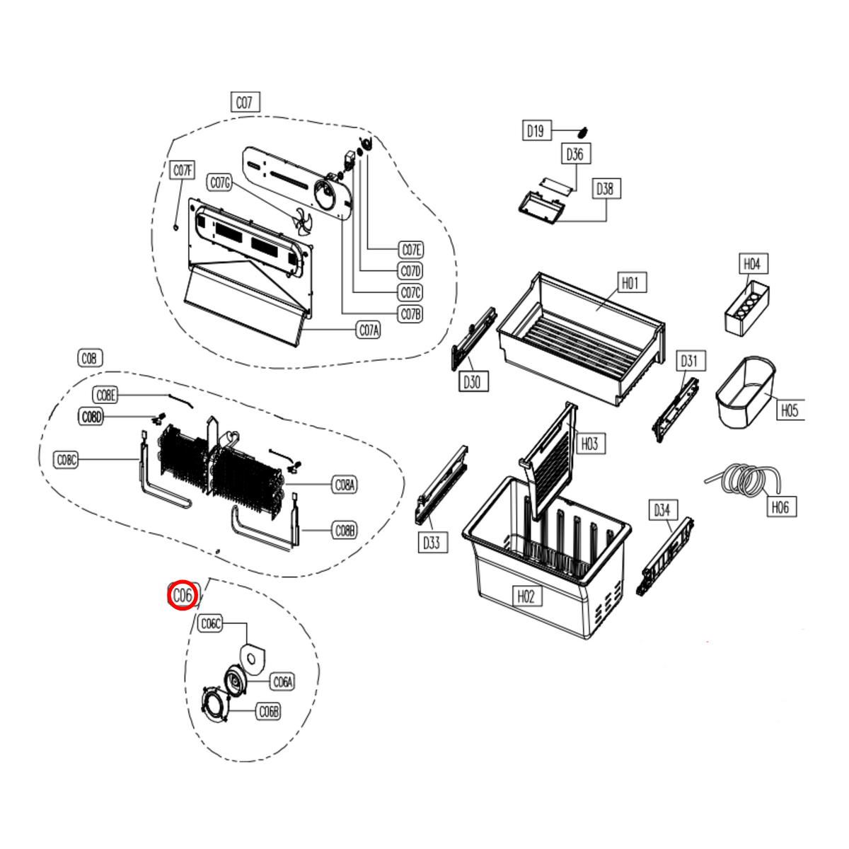 Parts diagram showing 4055944054 for Westinghouse fridge models