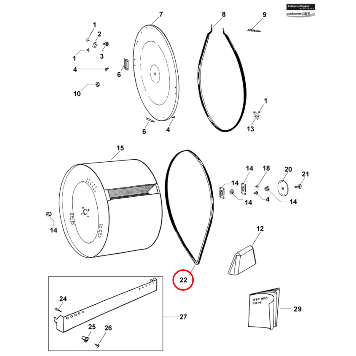 Parts diagram showing 410010 for Fisher & Paykel & Hoover dryer models